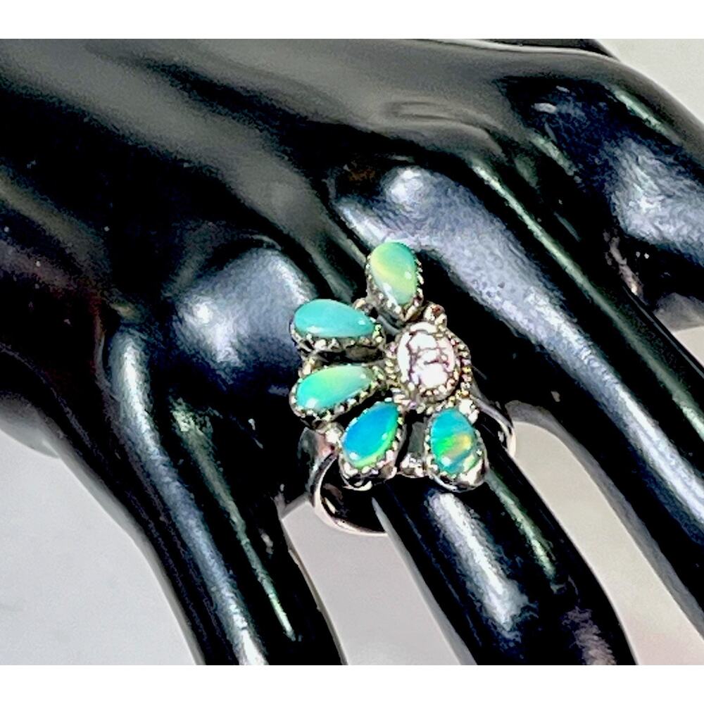 Balloon Opal Wild Horse Turquoise Sterling Cluster Ring Adjust Southwestern 925 - Picture 3 of 15